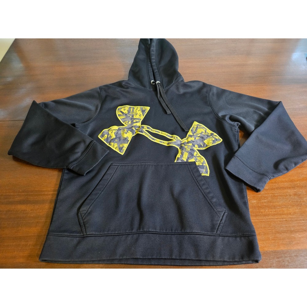 Under Armour Hoodie Mens Large Black Yellow Camo Big Logo Loose Fit Pullover